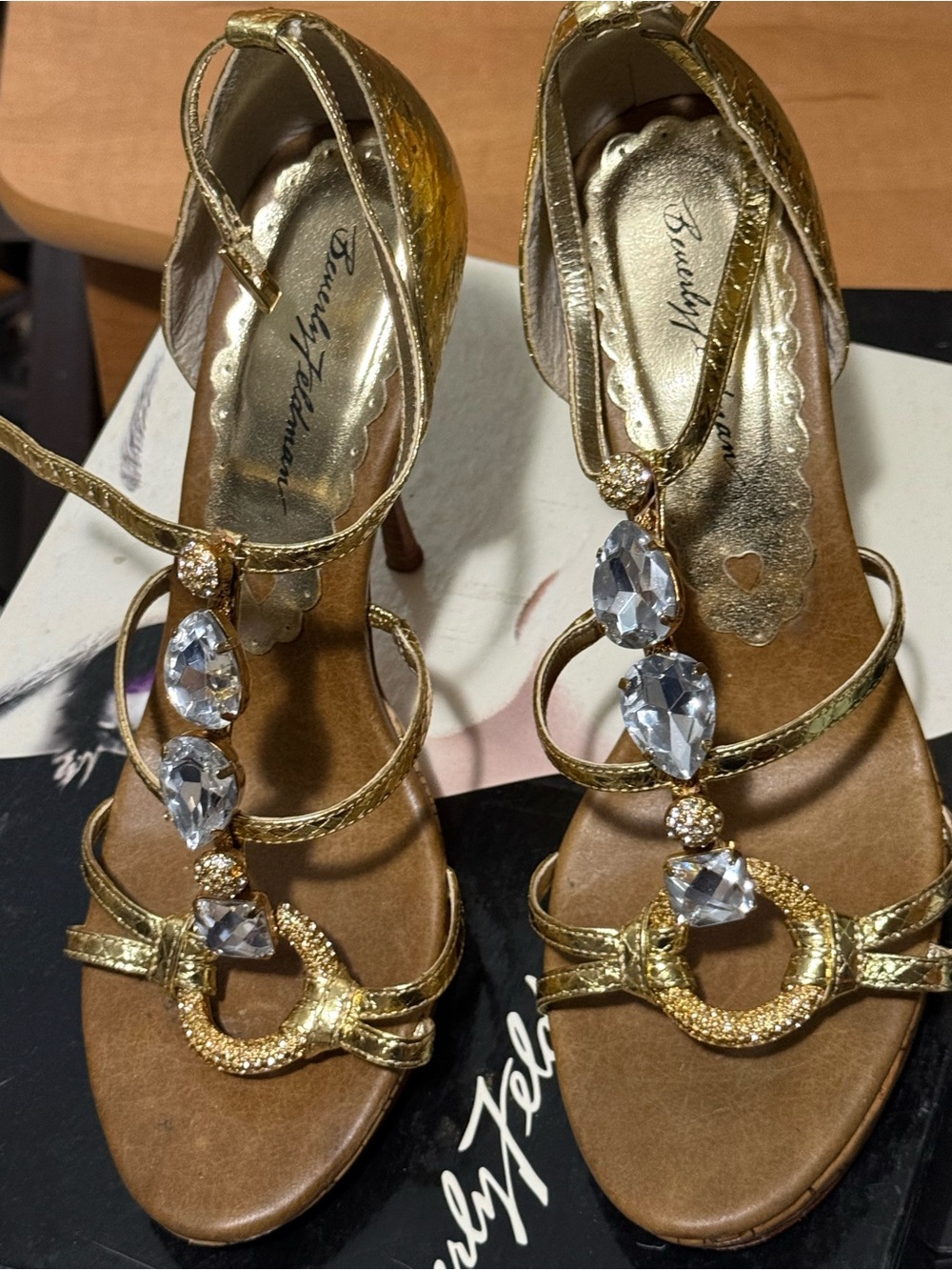 Beverly Feldman Gold Jeweled Strappy Heel Sandal